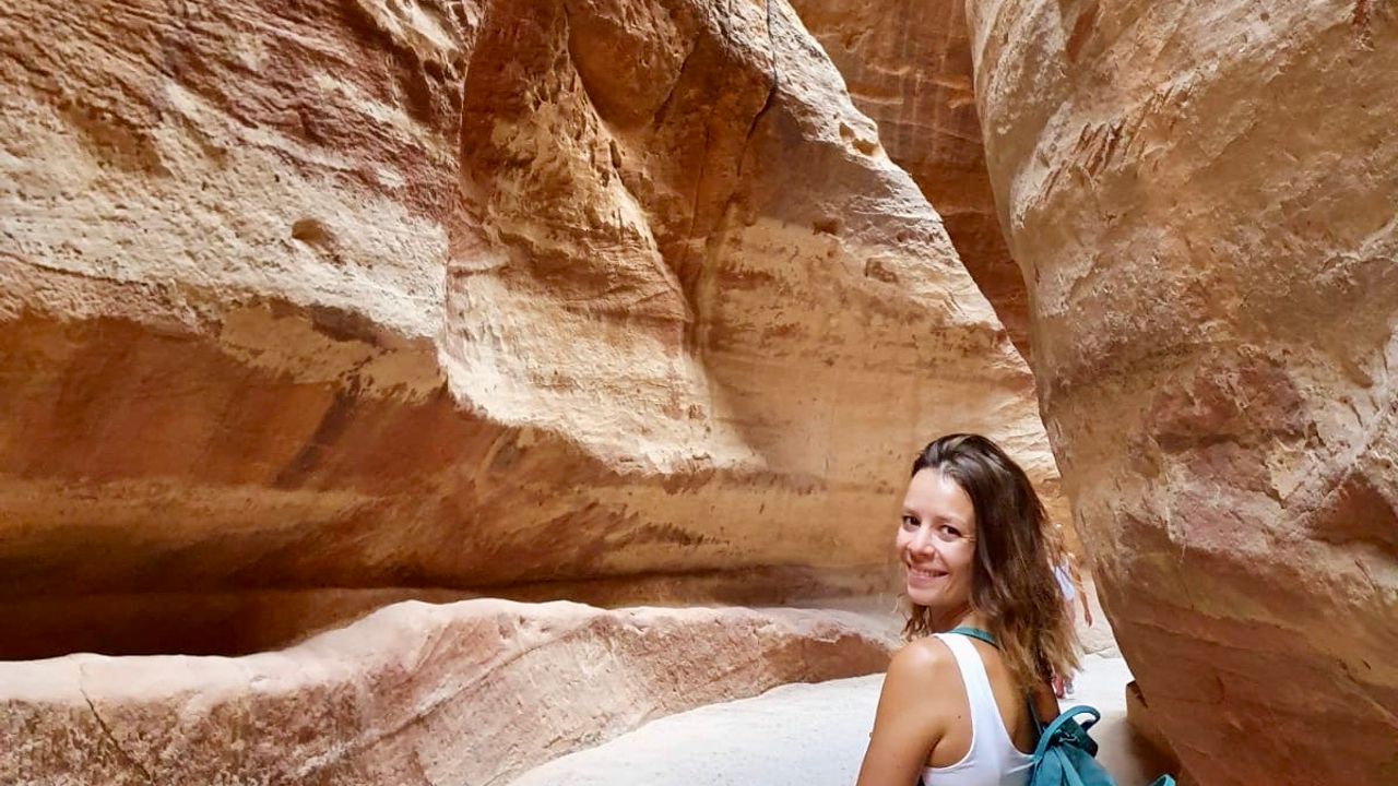 one person walking in the Petra canyon