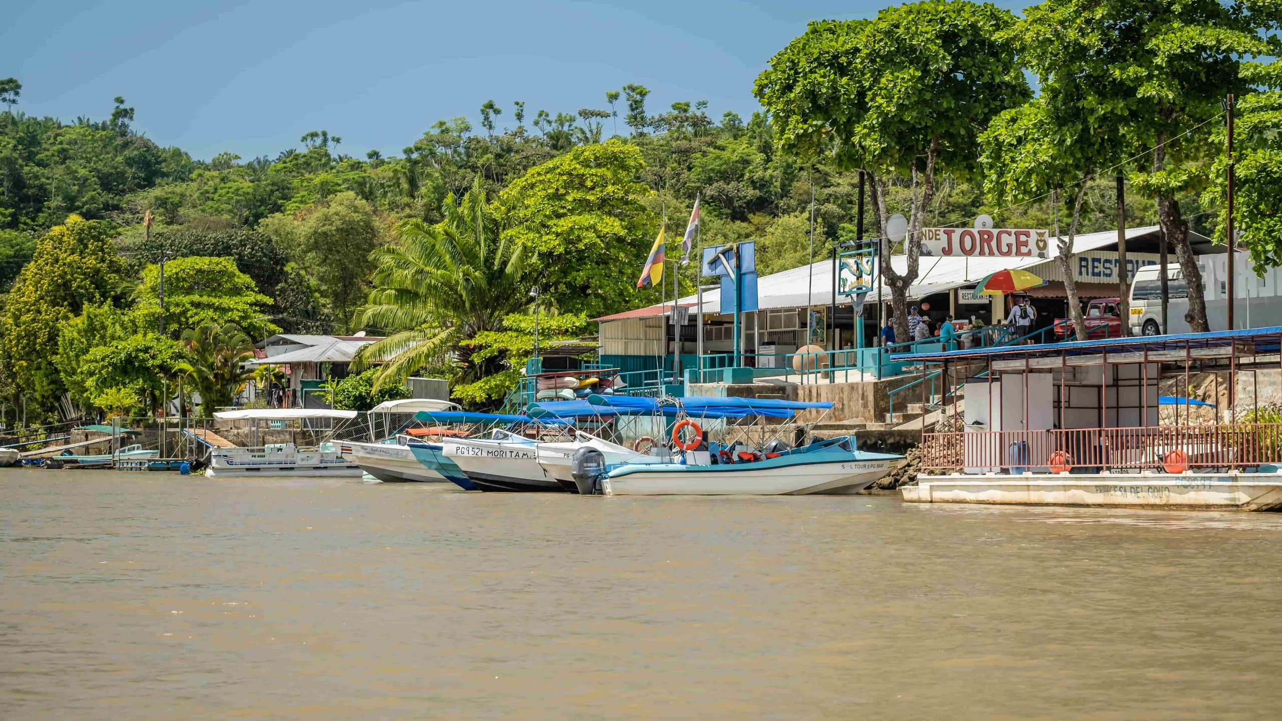 The port of Sierpe, with many boats, a restaurant, and palm trees in the background.