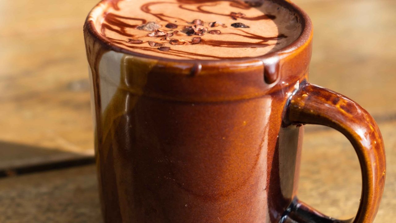 Cacao drink in a brown mug