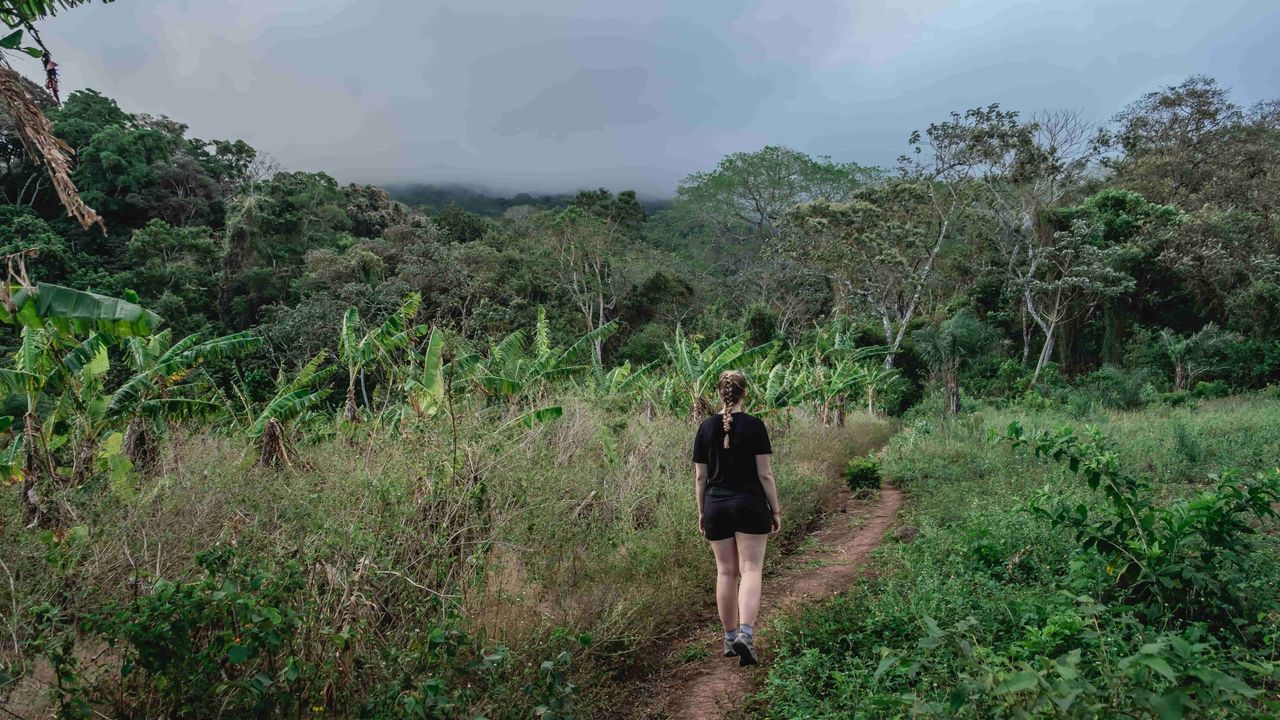 Woman walking in the jungle towards a volcano